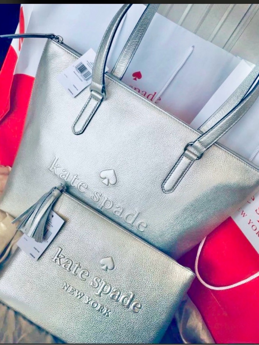 Kate Spade NWT 2-fer Silver Metallic Tote with Matching Pouch $475